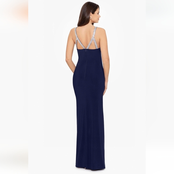 Betsy & Adam Women's Long Halter Neck Sleeveless Gown with Rhinestone Straps - Picture 2 of 4